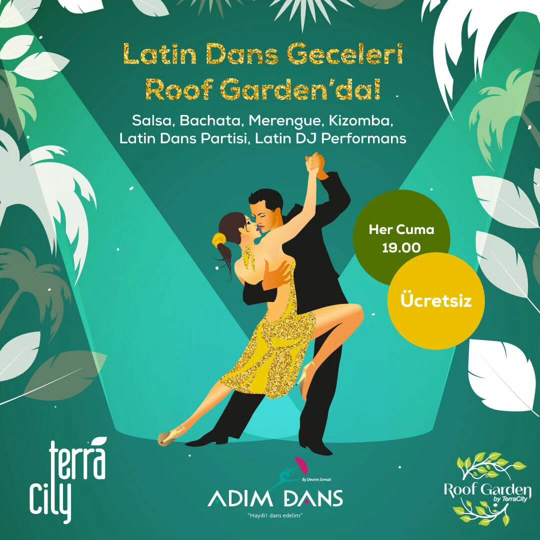 Dans Partnerim - Bahçede bir dans topluluğunun Latin dansları sergilediği bir dans gecesi posteri.