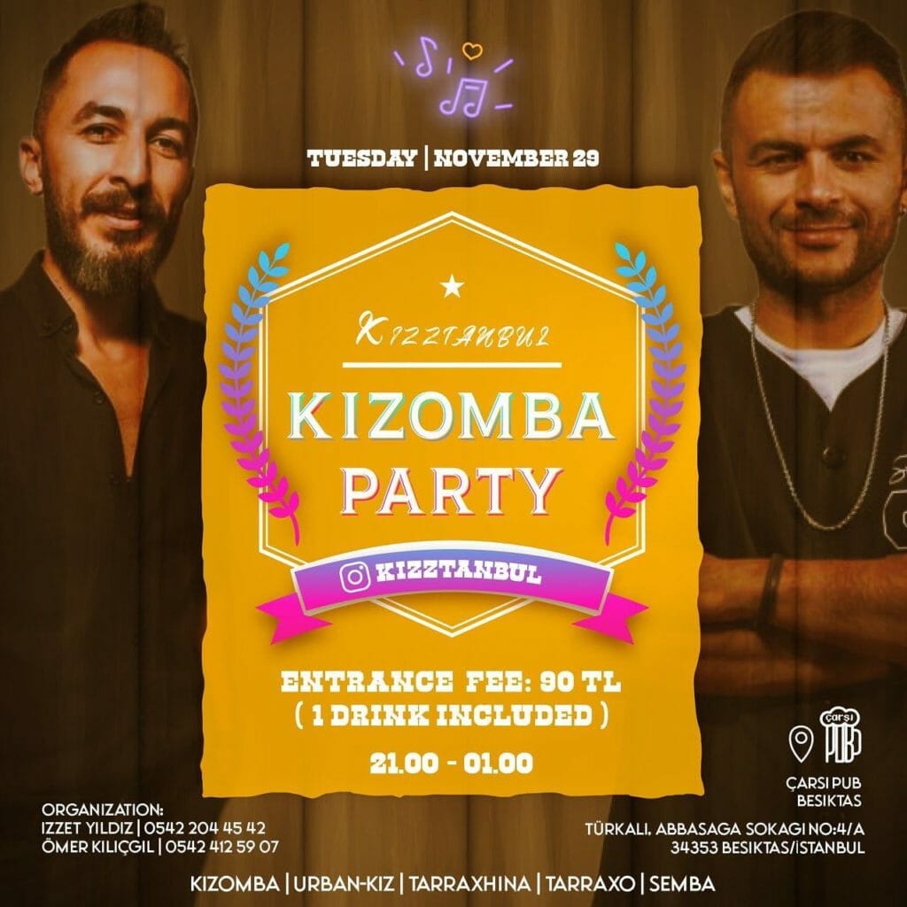 Dans Partnerim - Kizomba partisi için salsa ve bachata dansının yer aldığı bir poster.