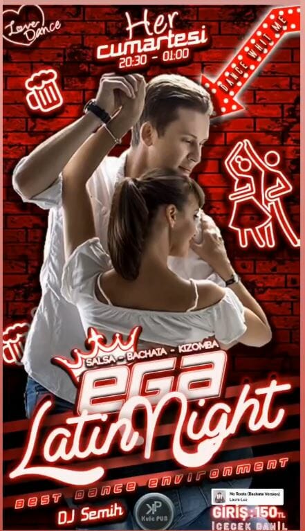 Dans Partnerim - Bachata dansı yapan bir çiftin yer aldığı bir Latin gecesi broşürü.