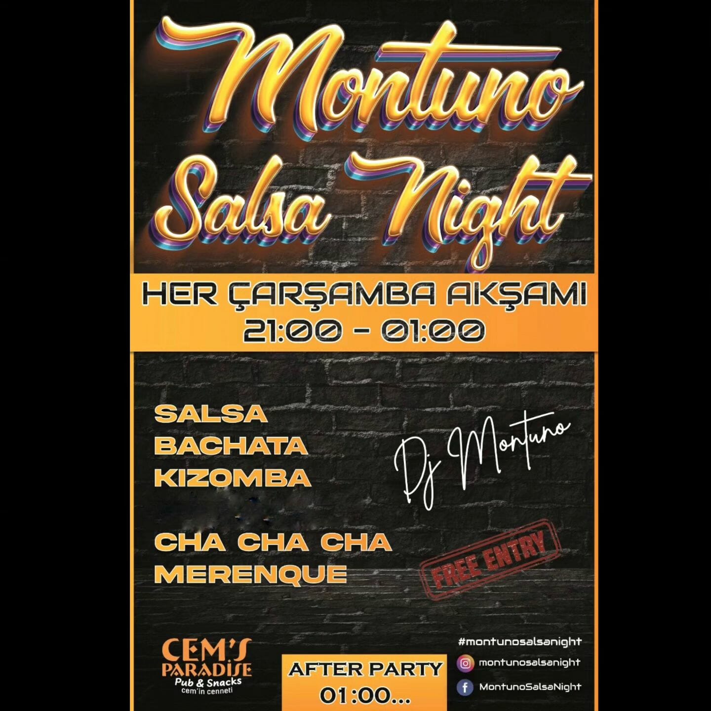 Dans Partnerim - Dans gecesi ve canlandırıcı salsa ve bachata dansı içeren canlı ve enerjik bir dans partisi için Montuno salsa gecesi broşürü.