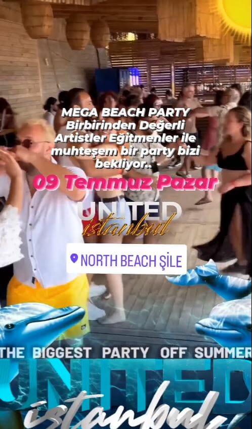 Dans Partnerim - Bir grup insanla sahilde bachata dans partisi için bir broşür.