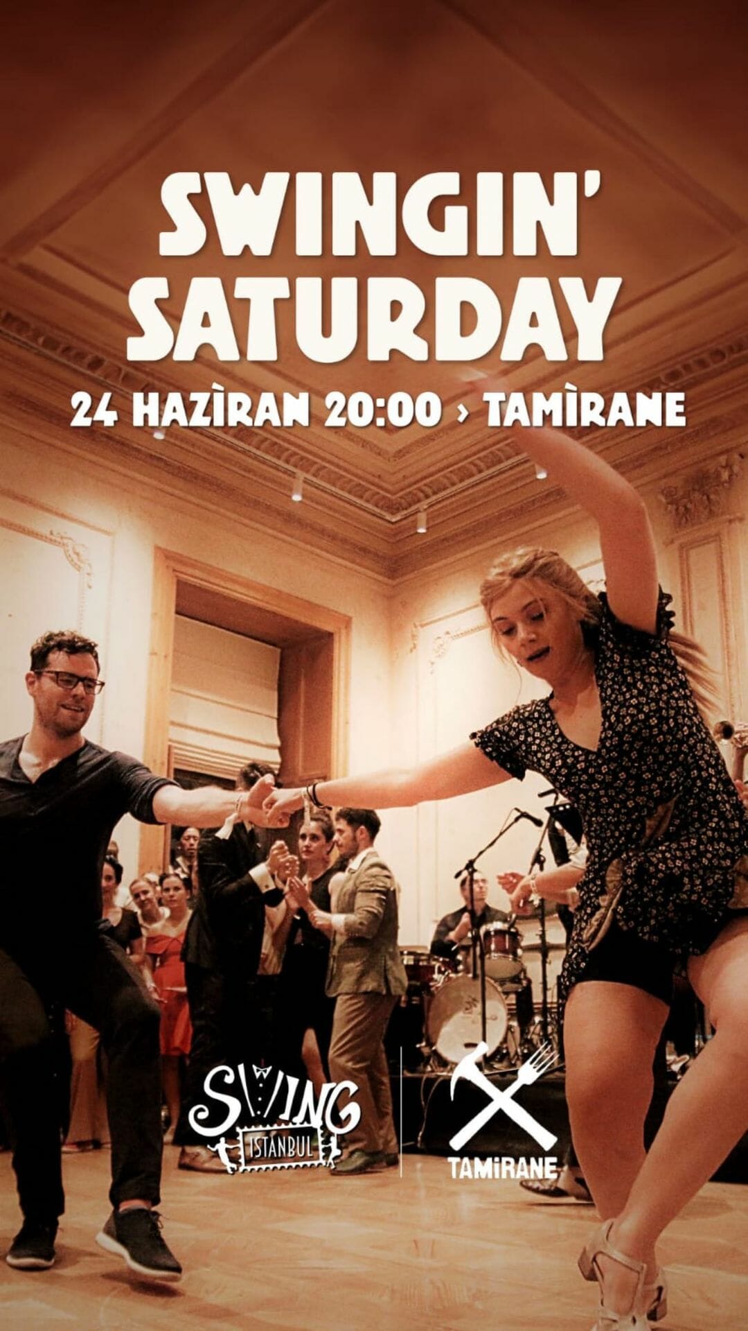 Dans Partnerim - Cumartesi günü swing'in yer aldığı bir dans etkinliğinin posteri.