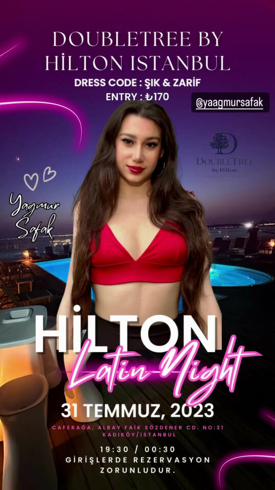 Dans Partnerim - Bachata dansının özünü benimseyen, kırmızı bikinili büyüleyici bir kadını gösteren Hilton Latin Gecesi broşürü.