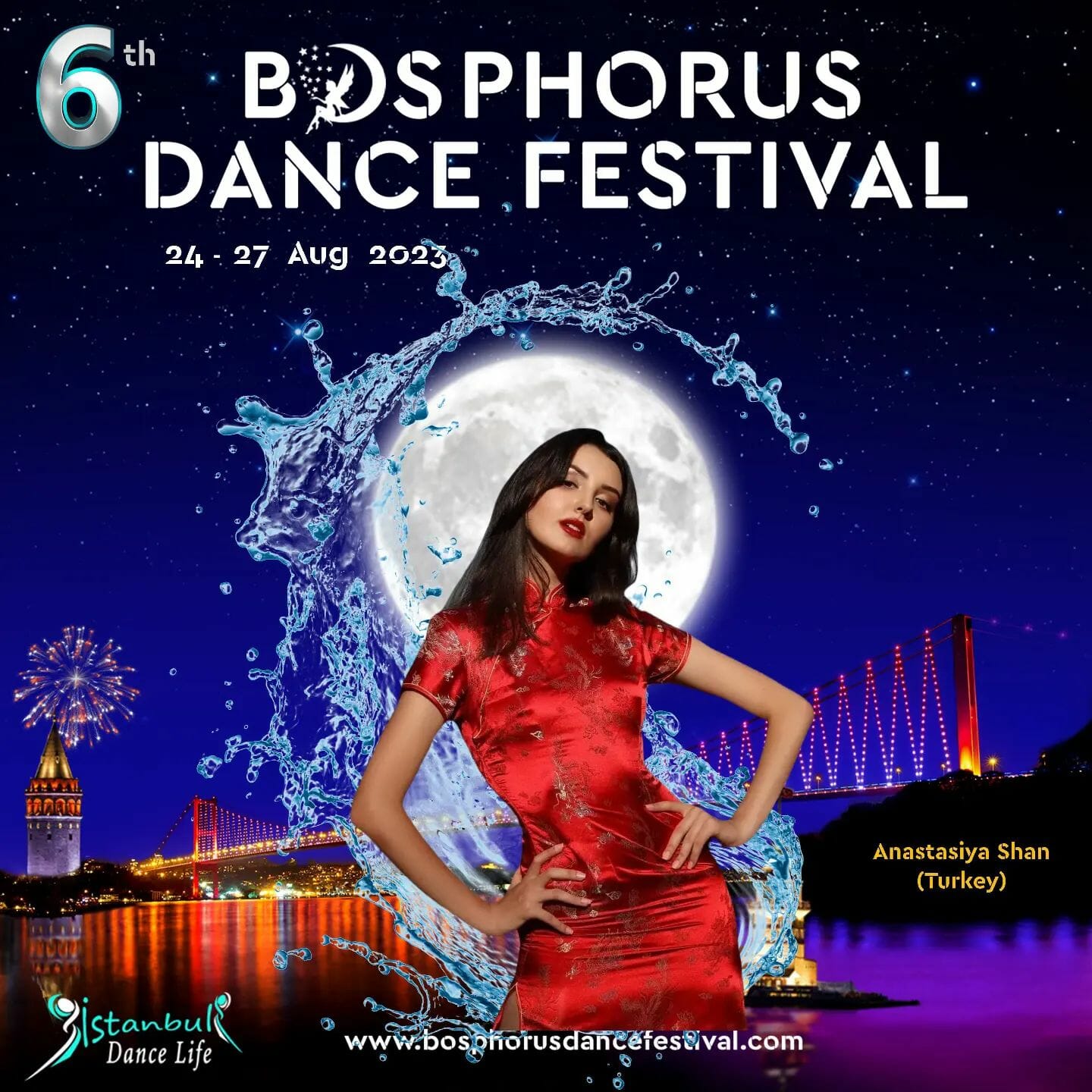 Dans Partnerim - Yetenekli bir dans grubunun salsa ve bachata danslarını gösteren, Boğaziçi Dans Festivali'nin canlı posteri.