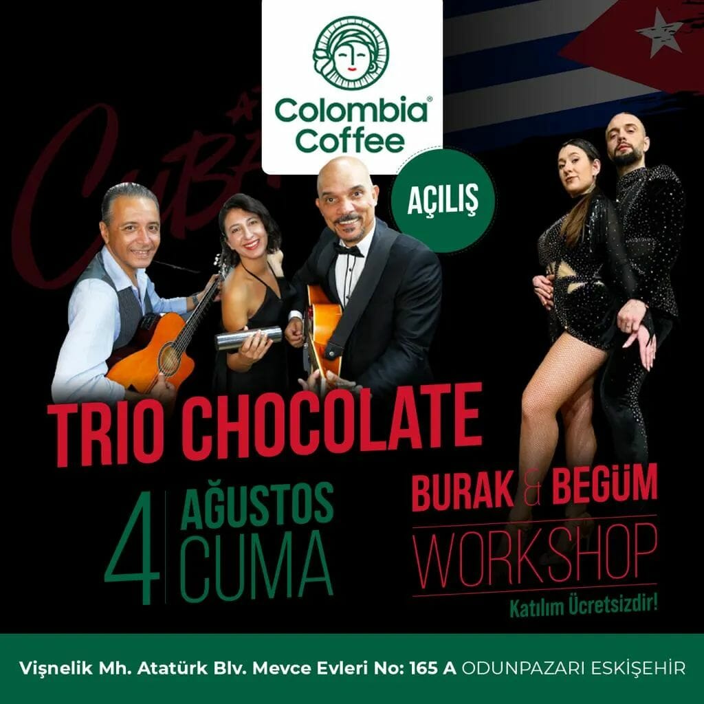Dans Partnerim - Kolombiya kahve üçlüsü çikolata atölyesi için bachata ve salsa dansının yer aldığı bir poster.