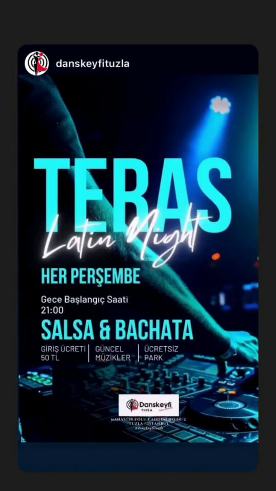 Dans Partnerim - Dans topluluğundan bir DJ'in yer aldığı salsa ve bachata dans etkinliği broşürü.