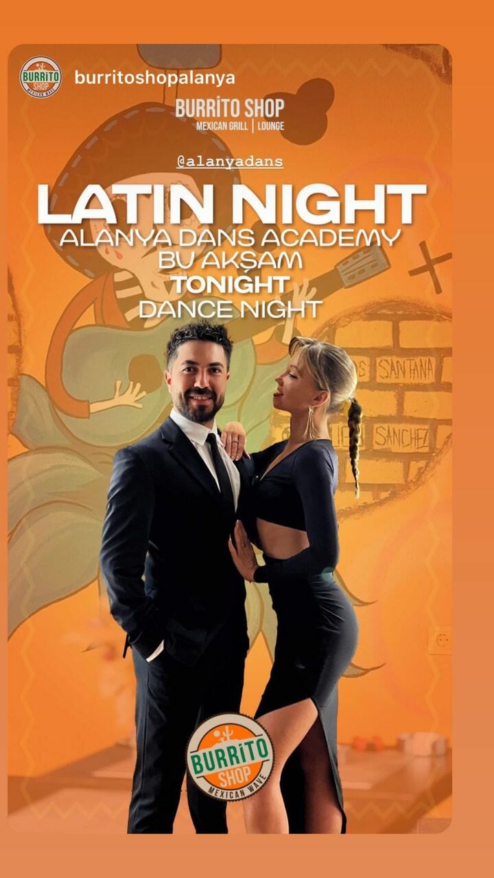 Dans Partnerim - Bir erkek ve bir kadınla salsa ve bachata dansı gecesi için bir poster.