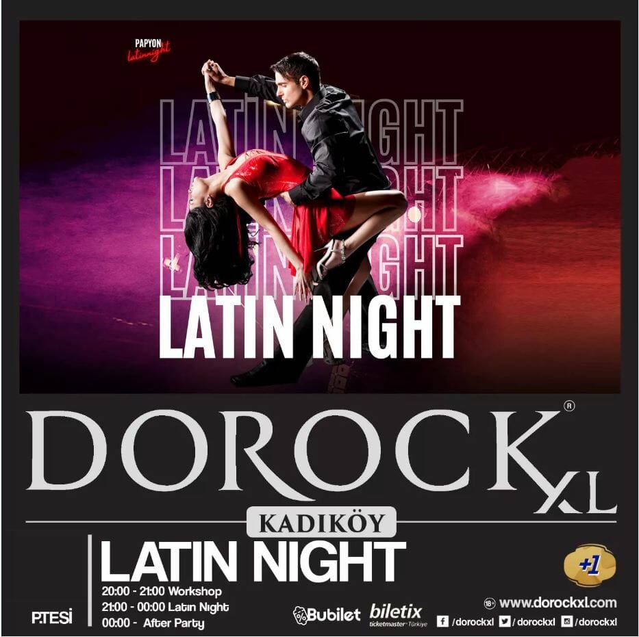 Dans Partnerim - Dorrock latin gecesi için bachata dansı ve canlı bir dans topluluğunu gösteren bir poster.