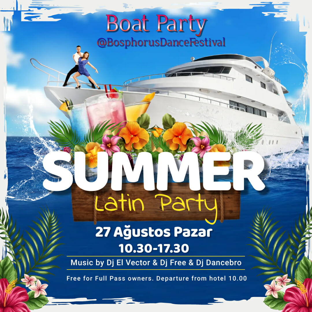 Dans Partnerim - Bir tekne ve çiçeklerle bachata ve salsa dansının yer aldığı bir yaz latin partisi broşürü.