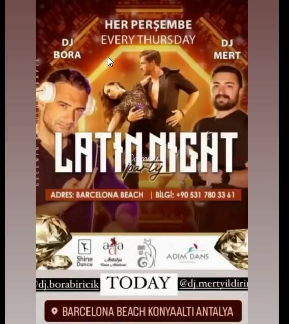 Dans Partnerim - Barselona plajında salsa dans grubu ve bachata dansını içeren Latin gecesi için bir broşür.